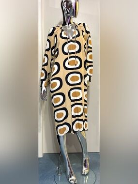 Marimekko Beige, White, Black, Caramel Geometric BOHO Long Sleeve Midi Dress